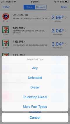 iPhone Fuel Type Selection